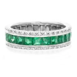 18K White Gold French Cut Emerald & Round Diamond Anniversary Band