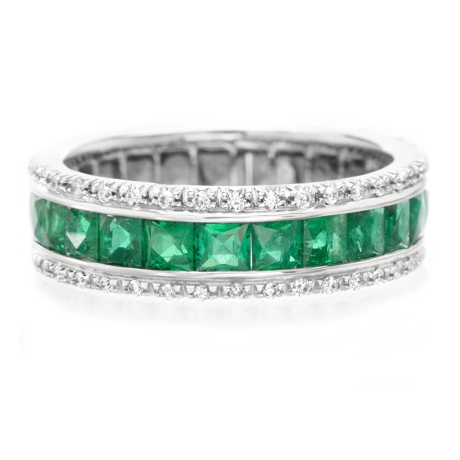 18K White Gold French Cut Emerald & Round Diamond Anniversary Band 3 18K White Gold French Cut Emerald & Round Diamond Anniversary Band