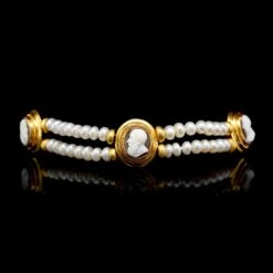 22K Yellow Gold Estate Cultured Freshwater Pearl And Hardstone Cameo Bracelet