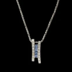 14K White Gold Estate Sapphire Diamond Pendant Necklace