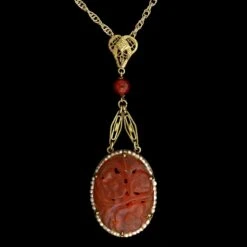 14K Yellow Gold Estate Carnelian And Seed Pearl Necklace