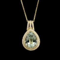 14K Yellow Gold Estate Prasiolite And Diamond Pendant Necklace