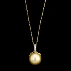 14K Yellow Gold Estate Cultured Golden South Sea Pearl And Diamond Pendant Necklace