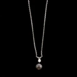 14K White Gold Estate Cultured Black Pearl And Diamond Pendant Necklace