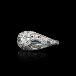 Vintage Style 14K White Gold Estate Diamond And Sapphire Engagement Ring