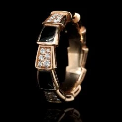 Bulgari 18K Rose Gold Estate Diamond And Onyx 'Serpenti Viper' Ring -Luxe Rings Shop ESRG9944C