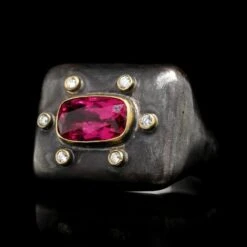 Lika Behar Sterling Silver 24K Yellow Gold Estate Pink Tourmaline And Diamond Ring