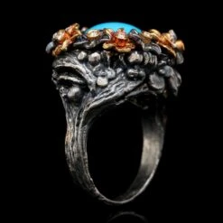 Lika Behar Sterling Silver 18K Rose Gold Estate Turquoise And Diamond Flower Ring -Luxe Rings Shop ESRI00217C