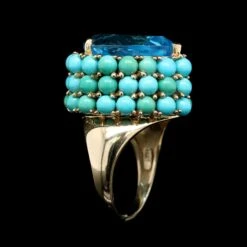 14K Yellow Gold Estate Blue Topaz And Turquoise Ring -Luxe Rings Shop ESRI00781B
