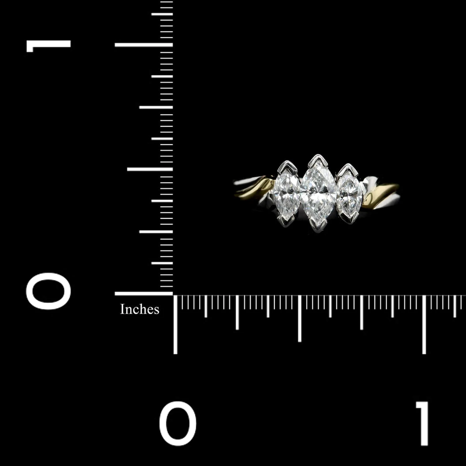 Platinum And 18K Yellow Gold Estate Diamond Marquise Three Stone Ring 5 Platinum And 18K Yellow Gold Estate Diamond Marquise Three Stone Ring - Image 3