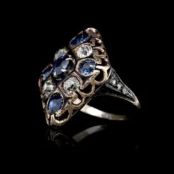 Vintage 14K Yellow Gold Estate Sapphire, Enamel And Diamond Ring