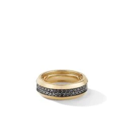 Beveled Two Row Band Ring In 18K Yellow Gold With Pavé Black Diamonds